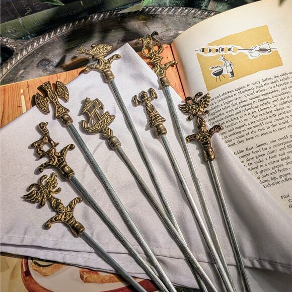 8 Vintage MCM Grecian Minoan 16" Solid Brass & Steel BBQ Shish Kebab Skewer Set - Picture 2 of 9